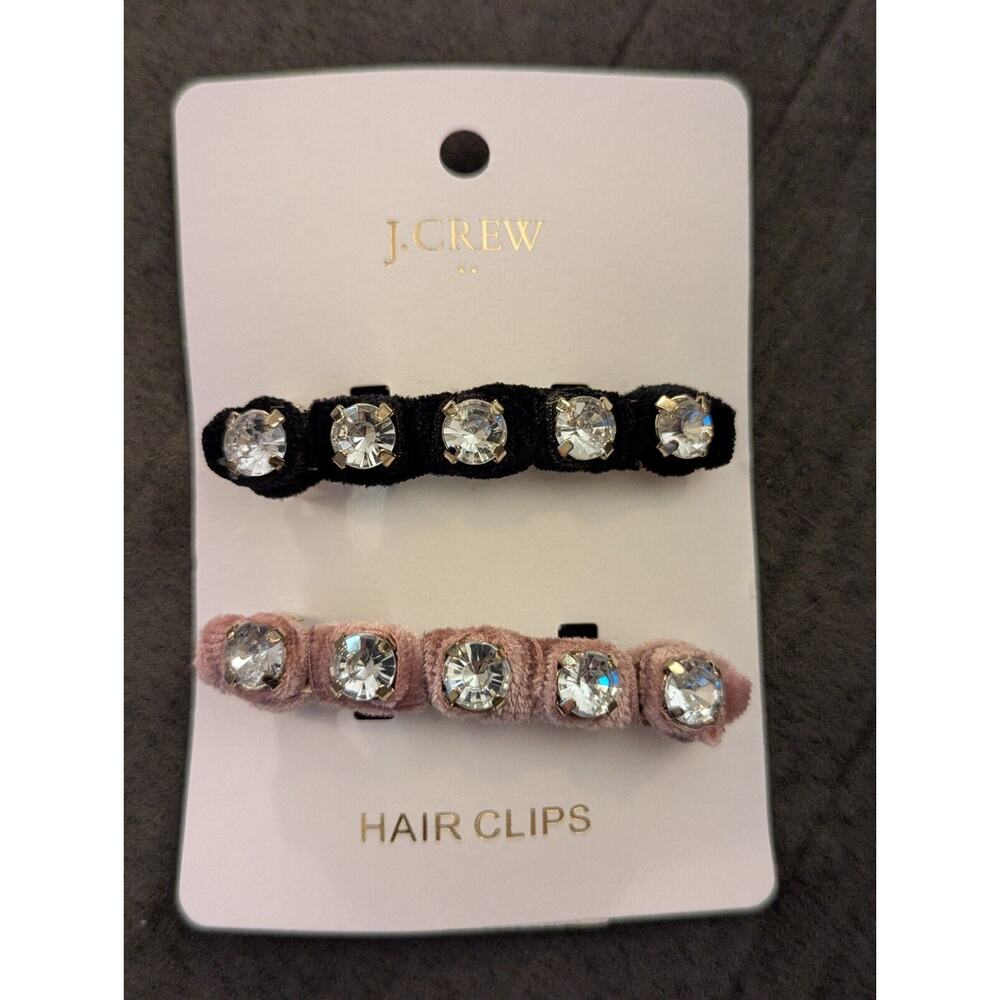 J Crew Velvet Rhinestone Barrette Set Hair Clips Black Pink Set of 2 New NWT